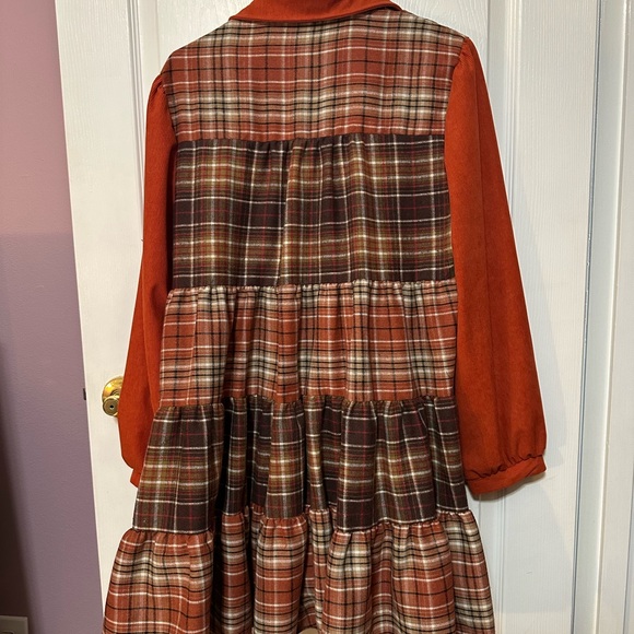 Large No Tags LS Tiered Orange & Brown Plaid Corduroy Mini Dress - Picture 6 of 6